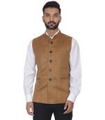 Brown Plain Faux Velvet Nehru Jacket