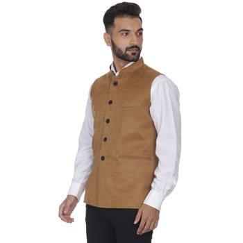 Brown Plain Faux Velvet Nehru Jacket 2