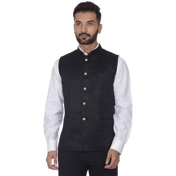 Black Plain Faux Velvet Nehru Jacket 1