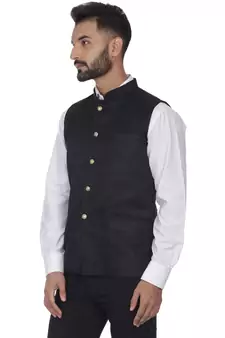 Black Plain Faux Velvet Nehru Jacket