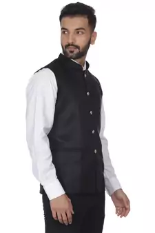 Black Plain Faux Velvet Nehru Jacket