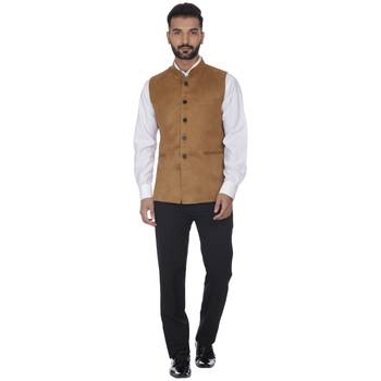 Brown Plain Faux Velvet Nehru Jacket 5