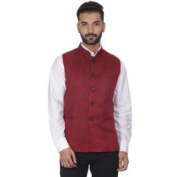 Maroon Plain Faux Velvet Nehru Jacket 1