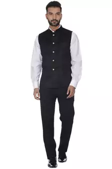 Black Plain Faux Velvet Nehru Jacket
