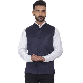 Blue Plain Faux Velvet Nehru Jacket 1
