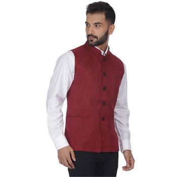 Maroon Plain Faux Velvet Nehru Jacket 3