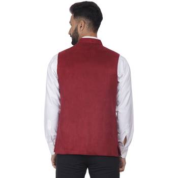 Maroon Plain Faux Velvet Nehru Jacket 4