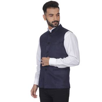 Blue Plain Faux Velvet Nehru Jacket 2