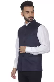 Blue Plain Faux Velvet Nehru Jacket