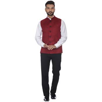 Maroon Plain Faux Velvet Nehru Jacket 5