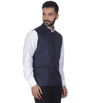 Blue Plain Faux Velvet Nehru Jacket 3