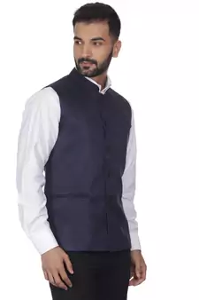 Blue Plain Faux Velvet Nehru Jacket