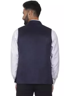 Blue Plain Faux Velvet Nehru Jacket