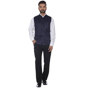 Blue Plain Faux Velvet Nehru Jacket 5