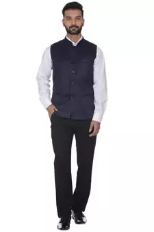 Blue Plain Faux Velvet Nehru Jacket