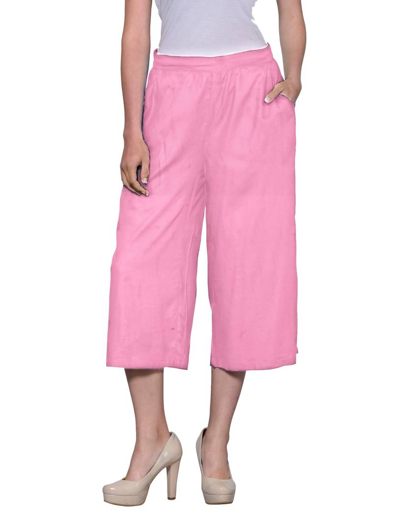 Baby-pink plain blended cotton capris-3-4-pants