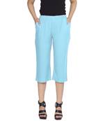 Aqua-blue plain blended cotton capris-3-4-pants