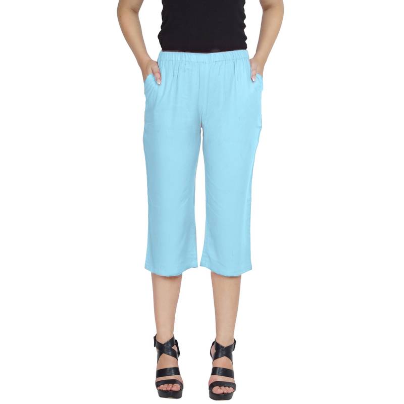 Aqua-blue plain blended cotton capris-3-4-pants