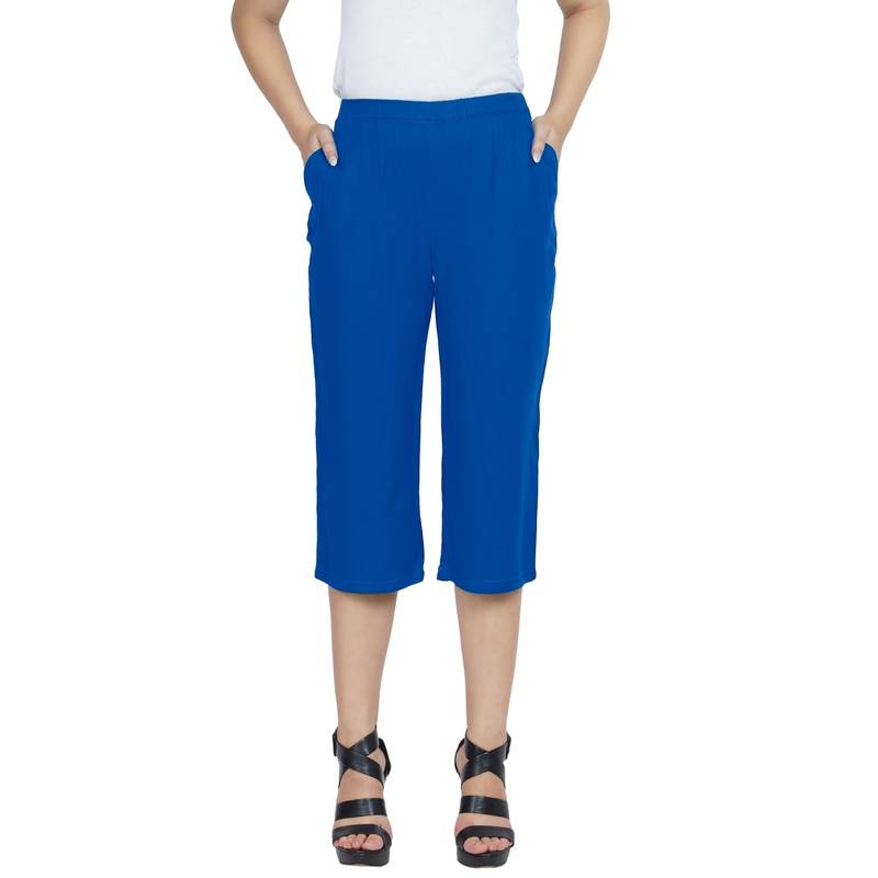 Turquoise plain blended cotton capris-3-4-pants
