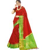 Red woven chanderi saree with blouse