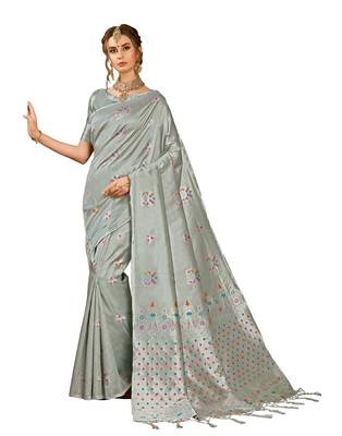 Grey woven kanchipuram silk saree with blouse 1