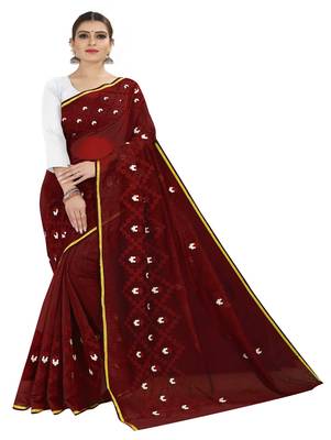 Maroon embroidered chanderi silk saree with blouse 1