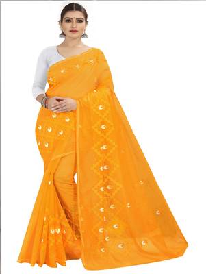 Mustard embroidered chanderi silk saree with blouse 1
