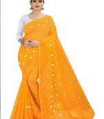 Mustard embroidered chanderi silk saree with blouse