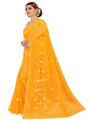 Mustard embroidered chanderi silk saree with blouse 2