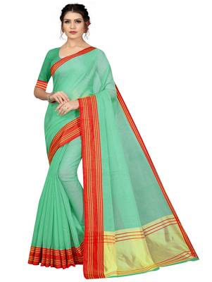 Green plain cotton silk saree with blouse 1