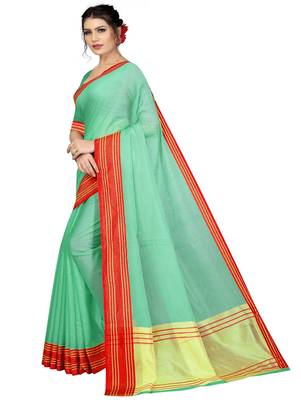 Green plain cotton silk saree with blouse 2