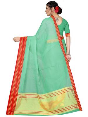Green plain cotton silk saree with blouse 3