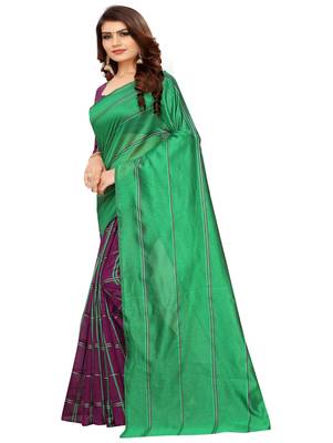 Green plain cotton silk saree with blouse 2