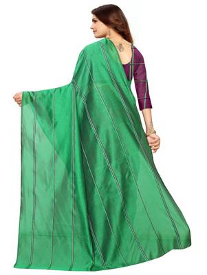 Green plain cotton silk saree with blouse 3