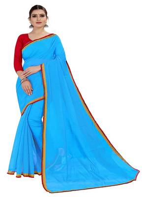 Turquoise plain chanderi silk saree with blouse 1
