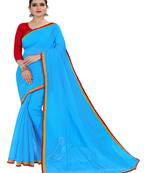 Turquoise plain chanderi silk saree with blouse