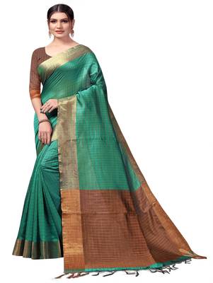 Green plain cotton silk saree with blouse 1
