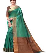 Green plain cotton silk saree with blouse