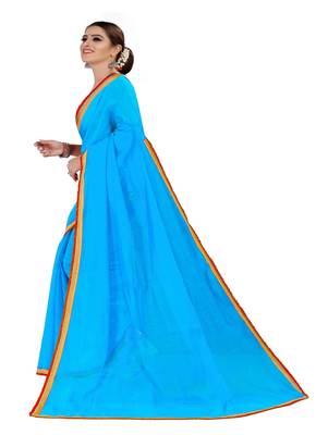 Turquoise plain chanderi silk saree with blouse 2