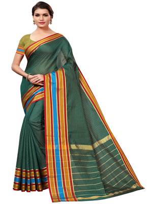 Green plain cotton silk saree with blouse 1