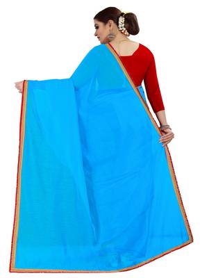 Turquoise plain chanderi silk saree with blouse 3