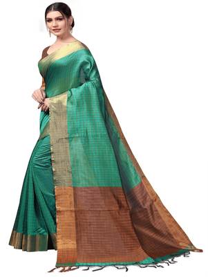 Green plain cotton silk saree with blouse 2