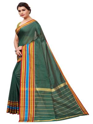 Green plain cotton silk saree with blouse 2