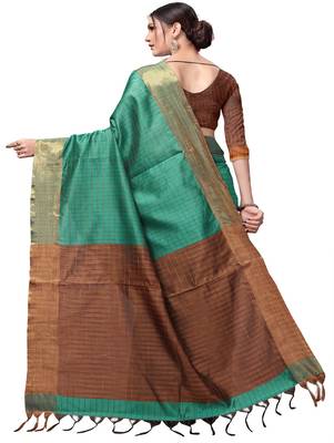 Green plain cotton silk saree with blouse 3