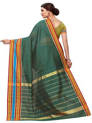 Green plain cotton silk saree with blouse 3