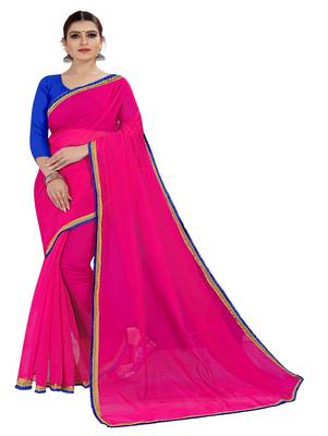 Pink plain chanderi silk saree with blouse 1