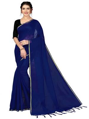 Navy blue plain chanderi silk saree with blouse 1