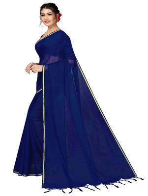 Navy blue plain chanderi silk saree with blouse 2