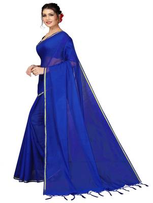 Royal blue plain chanderi silk saree with blouse 2