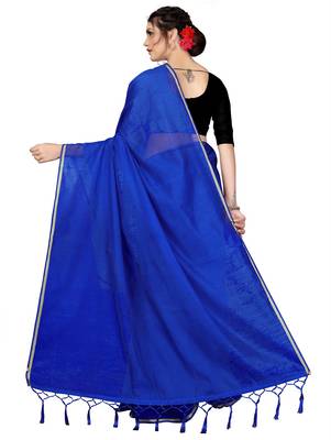Royal blue plain chanderi silk saree with blouse 3